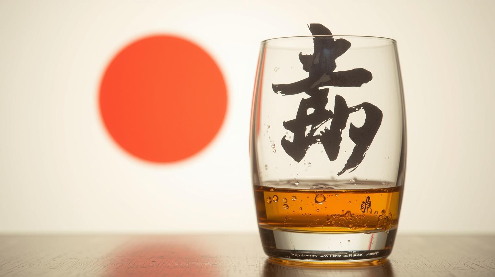 whisky de grain japonais dans un verre et le soleil levant du japon